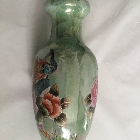 Beautiful ceramic vase green luster ware floral pink flower peacock 12" tall - Picture 4 of 7